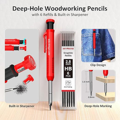 200mm 3D Multi-Angle Measuring Square Ruler, WT103D High Precision Hole Scribing Woodworking Tools, 0-90° Aluminum Alloy Carpenter Square Wood Working Tools, Carpenter Pencils 6 Refills.