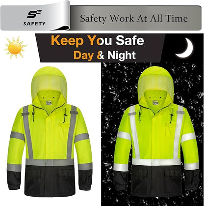 sesafety Hi Vis Rain Jacket, Rain Suits for Men Waterproof withBlack Bottom, Rain Coats for Men Interior Mesh, Class 3 HighVisibility Rain Gear,Removable Hood