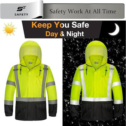 sesafety Hi Vis Rain Jacket, Rain Suits for Men Waterproof withBlack Bottom, Rain Coats for Men Interior Mesh, Class 3 HighVisibility Rain Gear,Removable Hood