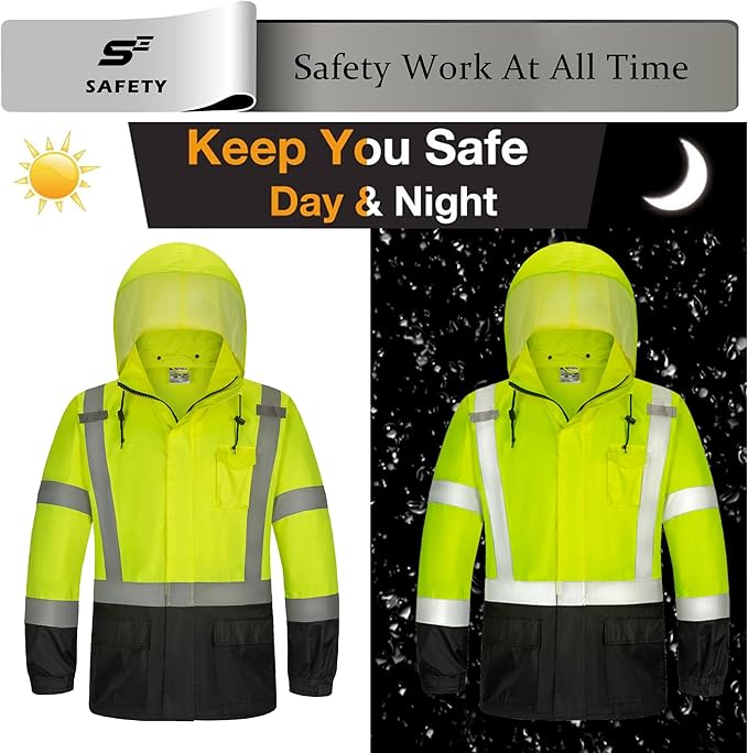 sesafety Hi Vis Rain Jacket, Rain Suits for Men Waterproof withBlack Bottom, Rain Coats for Men Interior Mesh, Class 3 HighVisibility Rain Gear,Removable Hood