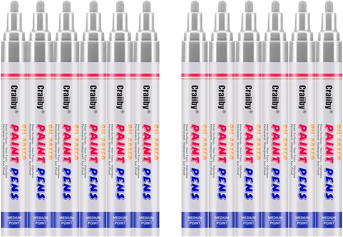 Silver Paint Markers, 12 Pack Oil-Based Waterproof Quick Dry Permanent Paint Pen Set for Rocks Painting, Wood, Fabric, Plastic, Canvas, Glass, Mugs, Metal, Tire, Stone, DIY Craft