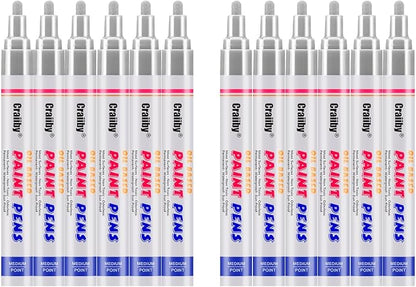 Silver Paint Markers, 12 Pack Oil-Based Waterproof Quick Dry Permanent Paint Pen Set for Rocks Painting, Wood, Fabric, Plastic, Canvas, Glass, Mugs, Metal, Tire, Stone, DIY Craft