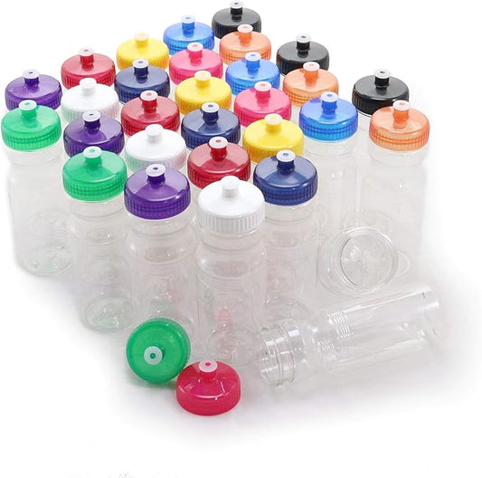 Rolling Sands USA Made 24 Ounce Sports Water Bottles - 30 Pack BPA-Free Blank Plastic Bottles for Teams, Gyms & Studios - Translucent Clear Bottle/Rainbow Lid