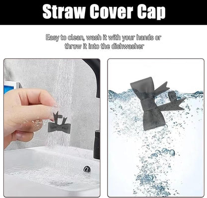 4Pcs Silicone Straw Toppers Covers for Stanley Cups 40/30oz 10mm(0.4in) Dust-Proof Bow Straw Covers Toppers Suitbale for Stanley Cup Accessories Reusable Straws Caps (Black)