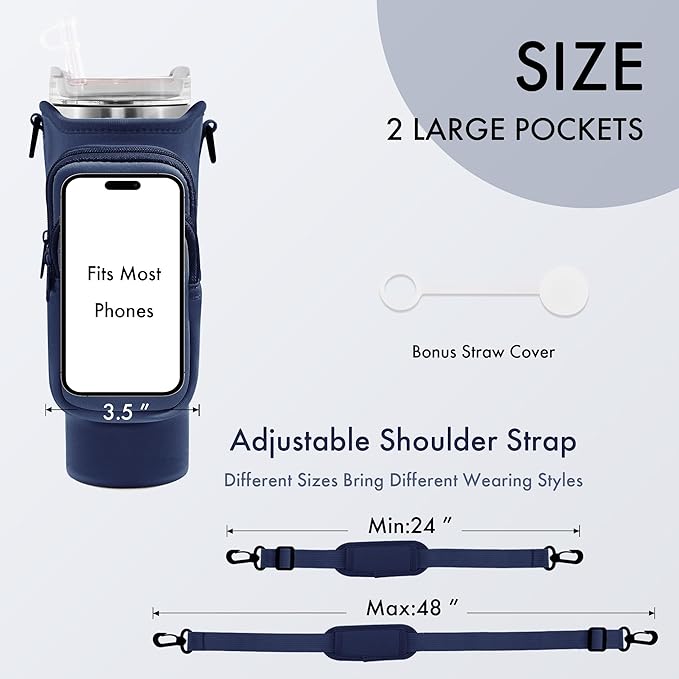 Water Bottle Carrier Bag with Phone Pocket for Stanley Cup 40/30 oz, Water Bottle Holder with Adjustable Strap& Straw Cover, Stanley Cup Accessories