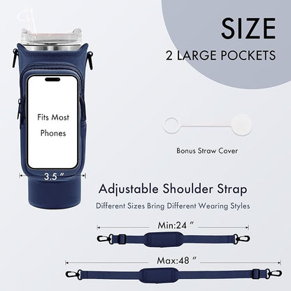 Water Bottle Carrier Bag with Phone Pocket for Stanley Cup 40/30 oz, Water Bottle Holder with Adjustable Strap& Straw Cover, Stanley Cup Accessories