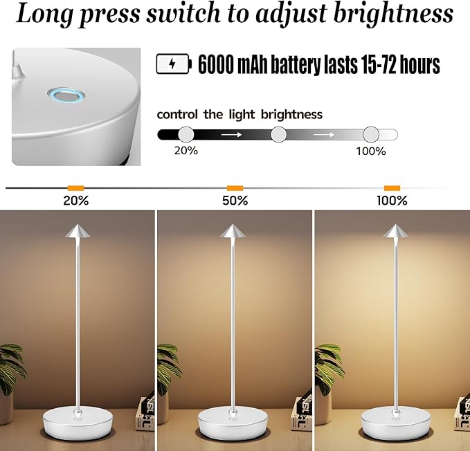 2Pack Rechargeable Cordless Table Lamp, Portable Powered LED Battery 6000mAh Metal USB Desk Lamp, 3 Levels Brightness Light for Restaurants Outdoor (2pack Silver)