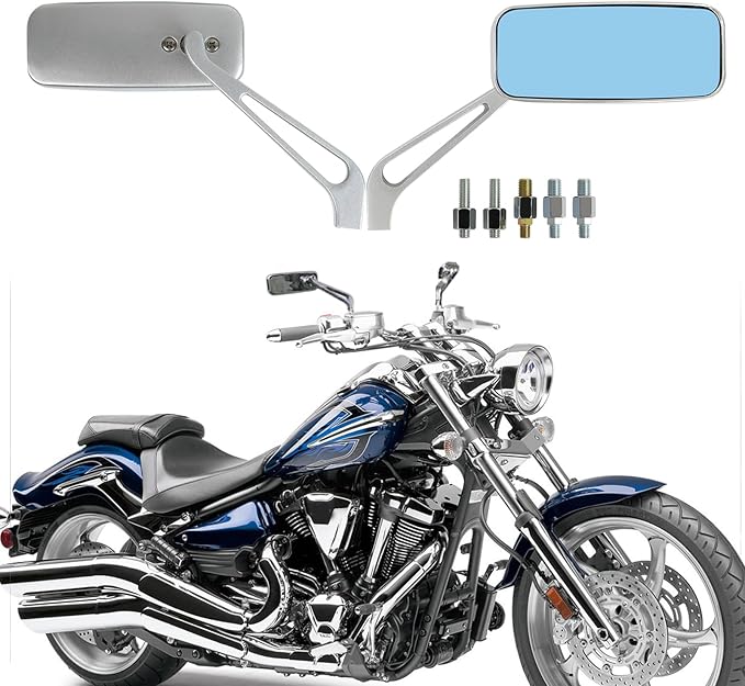 Devilmotor Black Rectangle Motorcycle Bobber Mirrors for Cruiser Chopper with Smoke Blue 8mm-10mm (Silver)