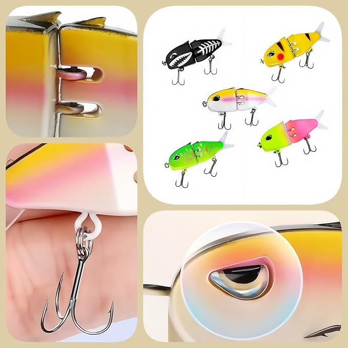 5 Pcs Mini Glide Bait for Bass Fishing,2.36 Inch Multi-Jointed Swimbait,Bionic Minnow Lures with Double Hook,Slow Sinking Glide Baits for Freshwater and Saltwater