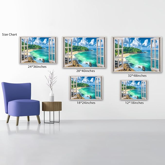 ANRUOXI Beach Window Canvas Wall Art, Enclosed Bedroom Living Room Ocean Coastal Channel Scene Picture, Tropical Sea Landscape Painting Print Artwork Horizontal Seascape Artwork for Bedroom 32x48 Inch