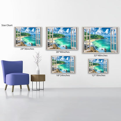 ANRUOXI Beach Window Canvas Wall Art, Enclosed Bedroom Living Room Ocean Coastal Channel Scene Picture, Tropical Sea Landscape Painting Print Artwork Horizontal Seascape Artwork for Bedroom 18x24 Inch