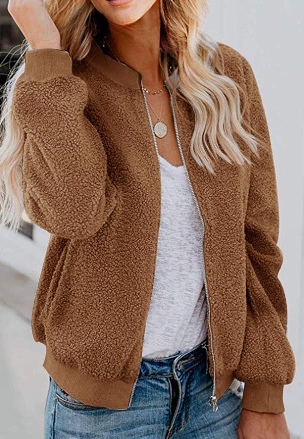 MIROL Women's Fall Trendy Fleece Jacket Faux Sherpa Fuzzy Casual Long Sleeve Zip Up Loose Fit Bomber Winter Coat