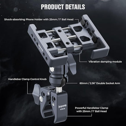 Shock-Absorbing Phone Clip Kit, Aluminum Double Socket Arm and Handlebar Strong Rod Clamp, Installed on 0.55-1.77" Diameter Rail Round Rod (KPS-13)