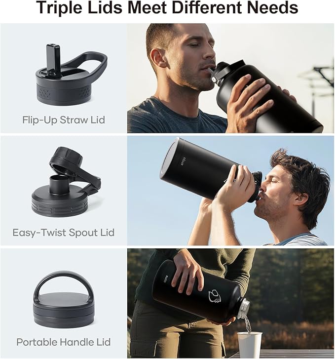 BUZIO Gallon Water Bottle Insulated with straw and 3 lids, 128 oz Water Jug Large Vacuum Stainless Steel Metal Flask, Leak Proof & BPA-Free, Cold for 48 Hrs, Black