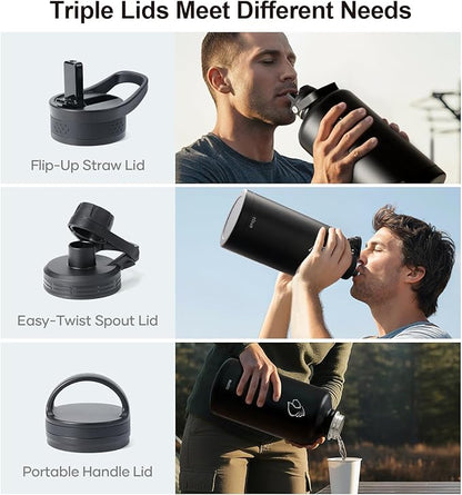 BUZIO Gallon Water Bottle Insulated with straw and 3 lids, 128 oz Water Jug Large Vacuum Stainless Steel Metal Flask, Leak Proof & BPA-Free, Cold for 48 Hrs, Black