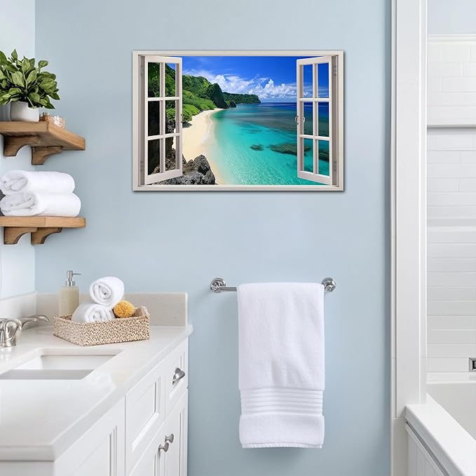 ANRUOXI Beach Window Canvas Wall Art, Enclosed Bedroom Living Room Ocean Coastal Channel Scene Picture, Tropical Sea Landscape Painting Print Artwork Horizontal Seascape Artwork for Bedroom 28x40 Inch