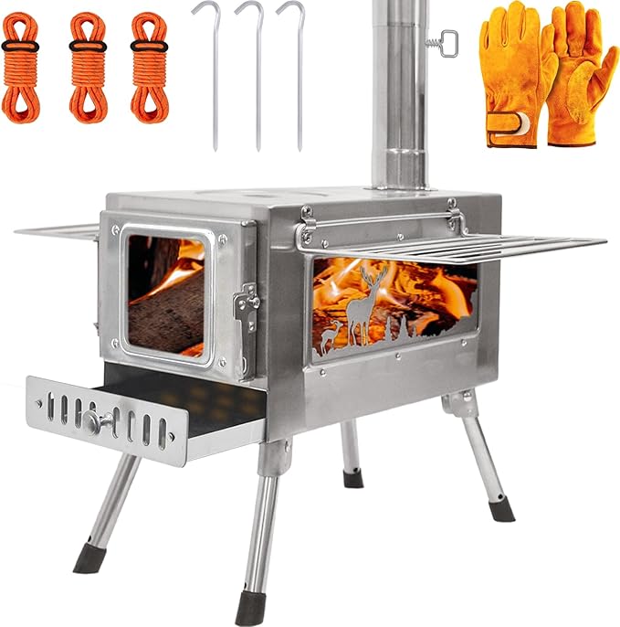 Outdoor Wood Burning Stove, Portable with Chimney Pipe for Cooking, Camping, Tent, Hiking, Fishing, Backpacking