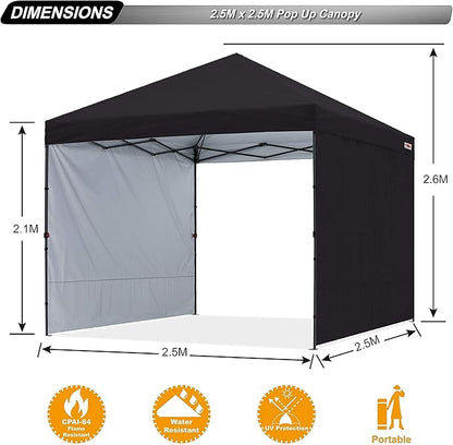 ABCCANOPY Easy Pop up Canopy Tent with 2 Sidewalls for Outdoor Sun Blocking or Rain Protection, 8x8, Black