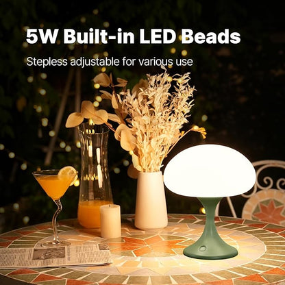 Mushroom Lamp, 5W LED Cordless Rechargeable Table Lamp with Glass Shade, Small Retro Dimmable Touch Light with 3 Color Temps, Aesthetic Mid Century Bedside Light for Bedroom Ambient, Green