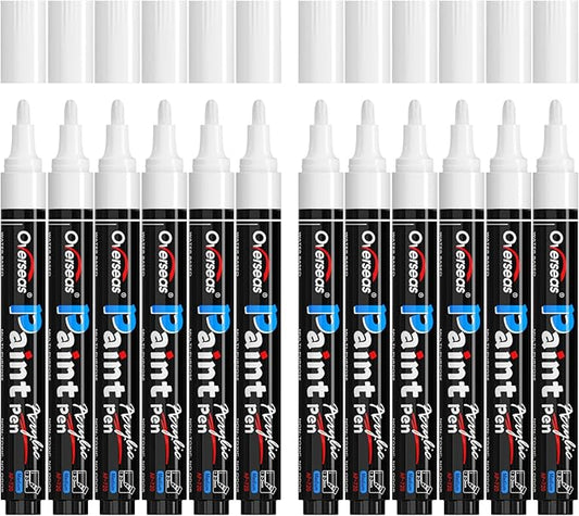 Overseas White Paint Pens - Permanent Acrylic Paint Markers 12 Pack, Water-Based, Quick Dry, Waterproof Marker Pen for Rock, Wood, Plastic, Metal, Canvas, Glass, Fabric, Tire, Mugs. Medium Tip