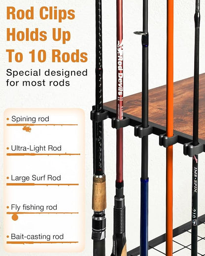 Ghosthorn Fishing Rod Holders for Garage Fishing Pole Rack Containers Included, up to 10 Rods Tackle Box Reel Storage Fishing Rod Rack Rotating Cart Fishing Gear Equipment Organizer