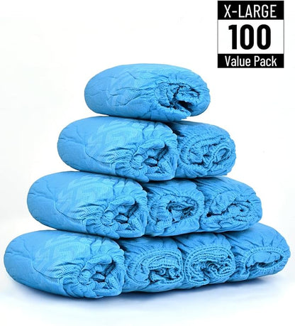 X-Large 100 Count Shoe Covers Disposable Non-Slip, Premium Cloth Boot Covers, Slip-resistant, Durable, Breathable, Non-toxic, Recyclable, Stretchable Fits Up to Size 13 US Men - Blue
