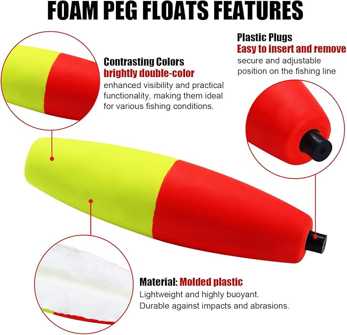 Bicolor Peg Floats, 1.5'' 2'' 2.5'' 3'' Cigar Fishing Cork Bobber Foam Floats with Pipe Plug for Catfish Santee Rigs 35 Pack