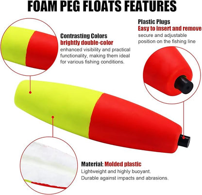 Bicolor Peg Floats, 1.5'' 2'' 2.5'' 3'' Cigar Fishing Cork Bobber Foam Floats with Pipe Plug for Catfish Santee Rigs 35 Pack