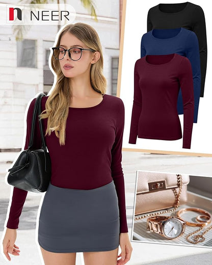 Neer 3 Pack Women's Thermal Shirts Long Sleeve Crew Neck Fleece Lined Undershirts Slim Fit Basic Tops Winter Base Layer