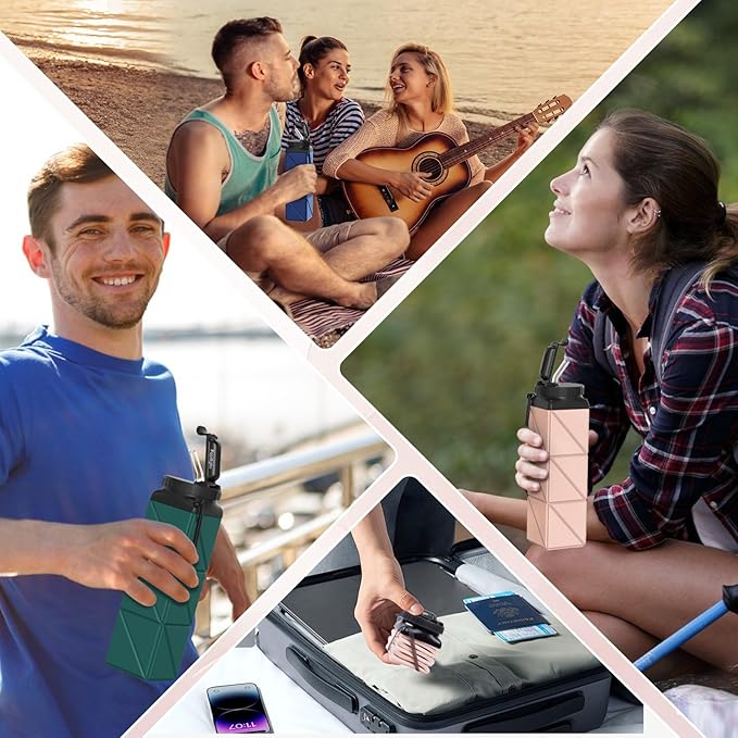 Collapsible Water Bottles 20.6oz Foldable Water Bottle BPA Free Reusable Lightweight LeakProof Travel Silicone Water Bottles for Travel Gym Hiking Camping (Upgrade Light Pink)