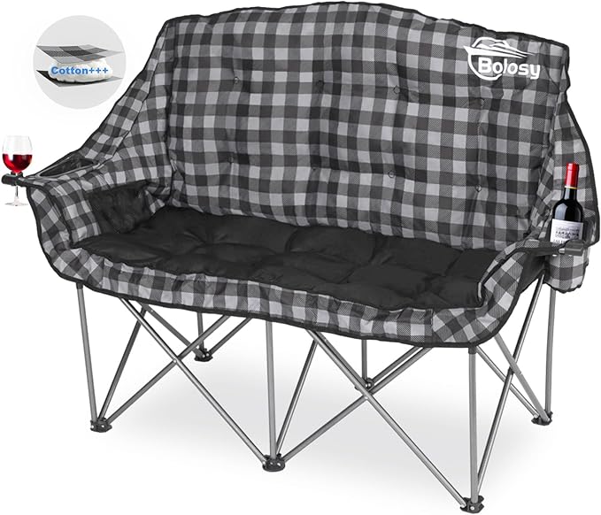 Padded Double Camping Chair Folding Loveseat 2 Person Camp Chair Heavy Duty Lawn Chairs Camping Couch Outdoor Sofa