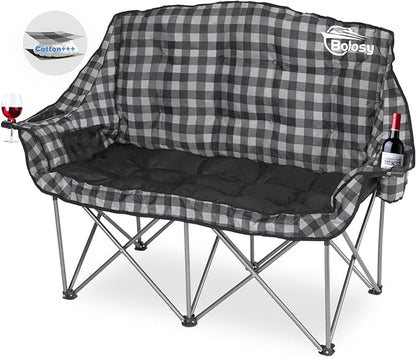 Padded Double Camping Chair Folding Loveseat 2 Person Camp Chair Heavy Duty Lawn Chairs Camping Couch Outdoor Sofa