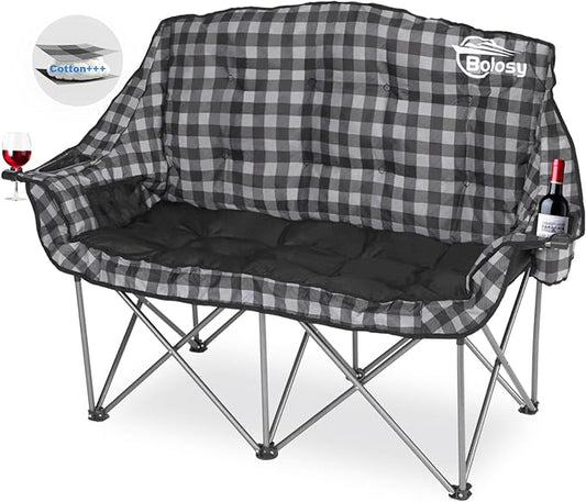 Padded Double Camping Chair Folding Loveseat 2 Person Camp Chair Heavy Duty Lawn Chairs Camping Couch Outdoor Sofa