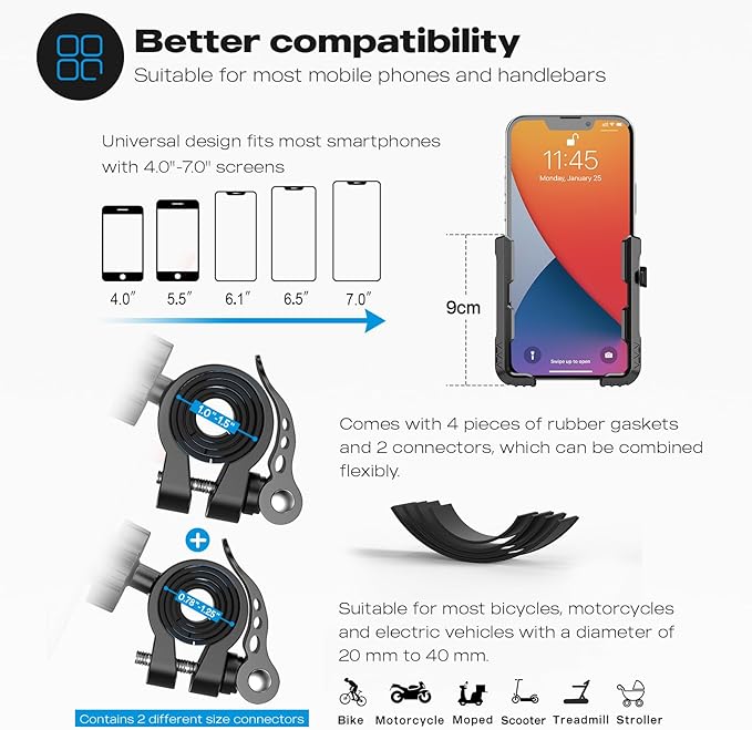 New Upgraded Bike Phone Mount Holder Two Connectors Quickly Lock and Release,360°Rotatable Bicycle Motorcycle Scooter Accessories Handlebar Phone Clip for 4.0"-7.0" Smartphone (Black)