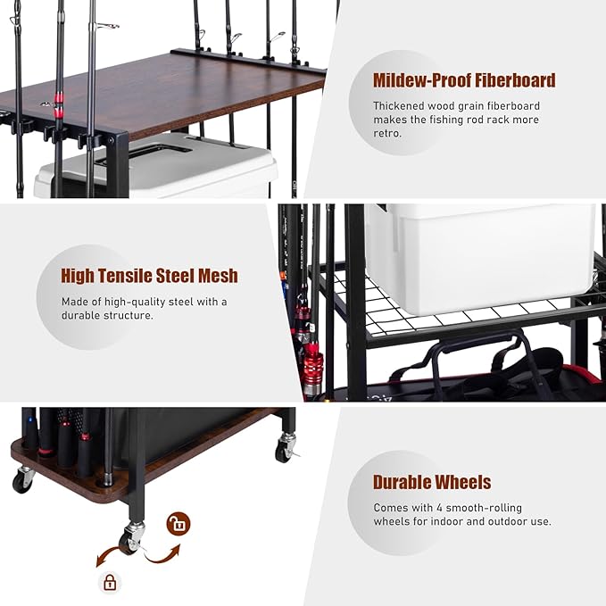 Fishing Rod Holders for Garage, Fishing Gear Tackle Cart Fishing Pole Organizer, Fishing Gear Storage Racks Holds up to 10 Rods or Combos, Fits All Fishing Rods