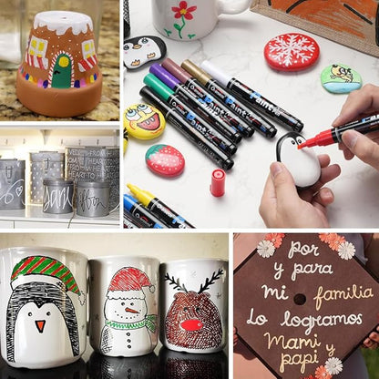 Overseas Black Paint Pens Paint Markers - Permanent Acrylic Markers 12 Pack, Water-Based, Quick Dry, Waterproof Marker Pen for Rock, Wood, Plastic, Metal, Canvas, Glass, Fabric, Mugs. Medium Tip