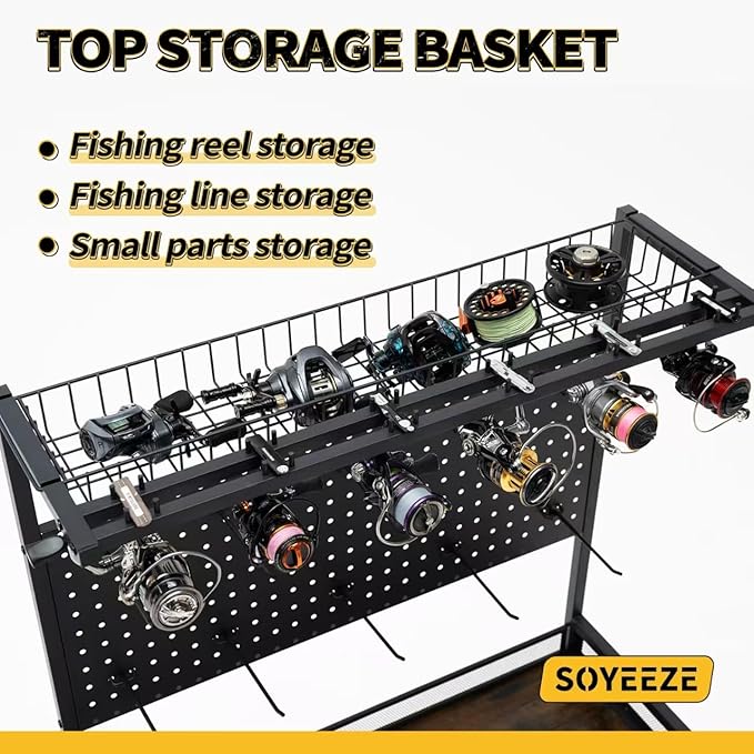SOYEEZE Large Size Fishing Rod Holders for Garage, Heavy Duty 4-Tier Fishing Pole Rack Holds up to 12 Rods with Pegboard and Hooks, Fishing Gear Organizer, Fishing Storage Cart with Lockable Wheels