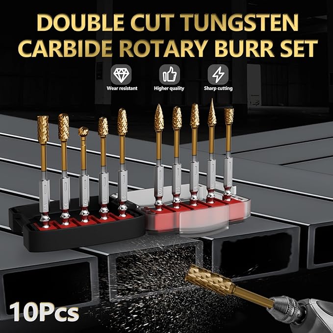 CATITO 10 Pcs 1/4" Carbide Burr Set, 1/4" Quick-Change Shank, Die Grinder Bits for Metal, Wood, Stone, Compatible with Most Rotary Tools