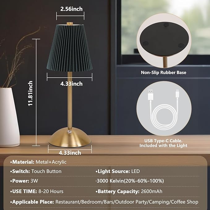 Cordless LED Table Lamp with Dimmer, Built-in Rechargeable Battery, 3-Level Brightness, Patio Table Lamp, Bedside Night Lamp, Ambient Light for Restaurant, Antique Brass (Black)