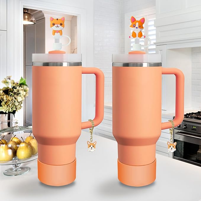 Stanley Cup Accessories Set,Including 2 Pcs 0.4in Straw Cover, 1 Silicone Spill-Proof Stopper, 1 Cute Dog Handle Charm, 1 Silicone Boot Fits Stanley 40&30 Oz Tumbler (Sunshine Orange)