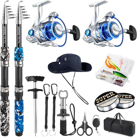 Fishing Pole Combo, 6.9ft Telescopic Rods Set, Collapsible Fishing Rods 2PCS Spinning Reel Set with Carrier Bag Freshwater Fishing Rod and Reel Combos Kits
