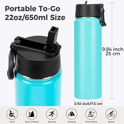 Neihepal 22 oz Insulated Water Bottle with Straw Lid, Double Walled Vacuum Stainless Steel Water Bottles Leak Proof, Wide Mouth (Mint,1 Pack)