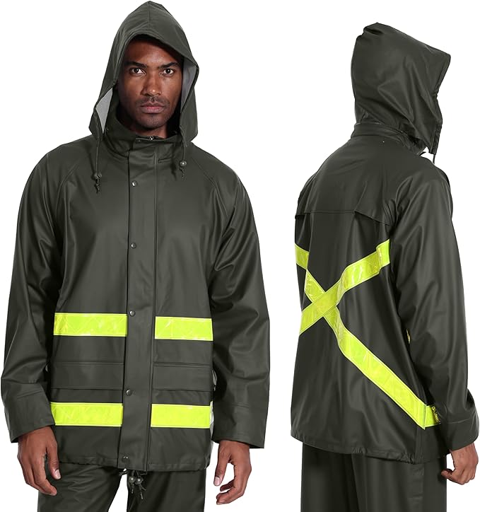 Hi-Vis Rain Jacket for Men – Waterproof Work Safety Coat with Reflective Strips, EN 343 Certified, Durable PU