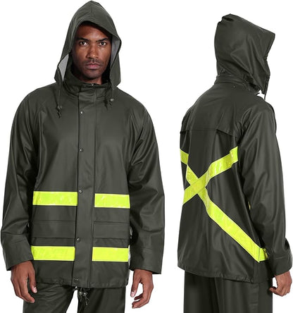 Hi-Vis Rain Jacket for Men – Waterproof Work Safety Coat with Reflective Strips, EN 343 Certified, Durable PU