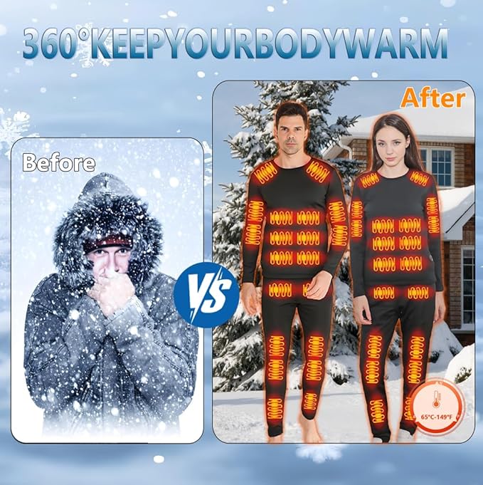 Heated Thermal Underwear for Men Women USB 42 Zone Intelligent Heated Thermals top and Heated Pants Set & XS-4XL