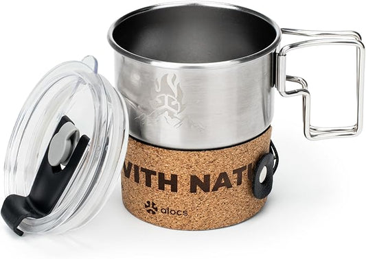 Alocs Camping Mug - Stainless Steel Travel Coffee Mug - Camping Coffee Mugs with Foldable Handle - 10 oz Camping Cup with Lids - Portable Travel Mug for Outdoor Backpacking Hiking Climbing Climbing