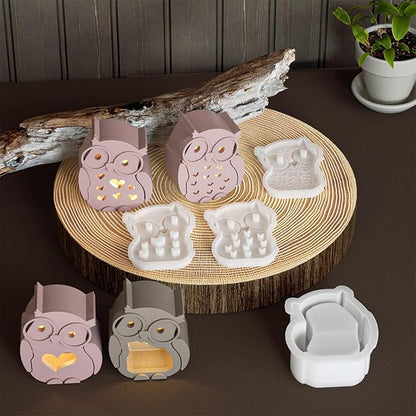 7 Packs DIY Epoxy Resin Soft Silicone Molds, MUAECH Halloween Wisdom Owl Hollowed-Out Egg Lamp Mold, 6 Face Covers and 1 Base Box, Owls Wearing Glasses Candle Stand Moulds Handmade Art Crafts
