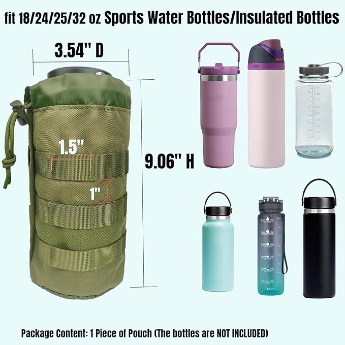 Tactical MOLLE Water Bottle Holder, Upgraded Water Bottle Pouch with Drawstring Open Top & Mesh Bottom, 16/24/25/32oz Water Bottle Carrier Bag with D-Ring Hook for Backpack