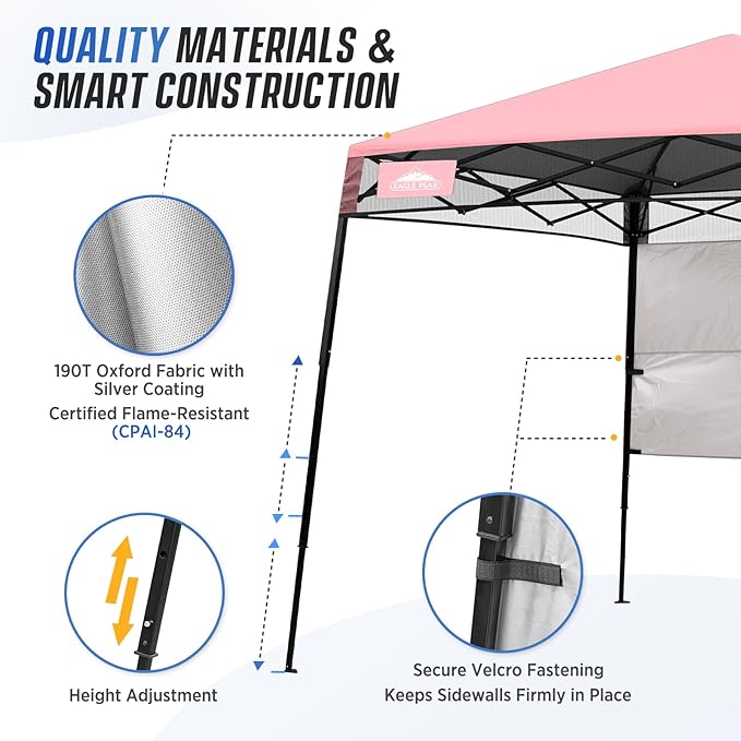 EAGLE PEAK 8x8 Pop Up Canopy Tent with Sidewall, Compact, Portable Slant Leg Instant Sun Shelter for Beach, Sports, & Camping, 8x8 Base 6x6 Top, Tender Pink