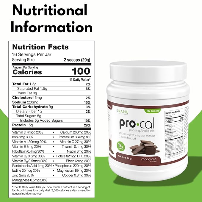 Pro-Cal Chocolate Meal Replacement Powder - High Protein, Low Calorie Shake & Pudding Mix - Low-Carb, Gluten Free - Breakfast Boost - Delicious & Easy to Prepare - 16 Servings, 16.4oz